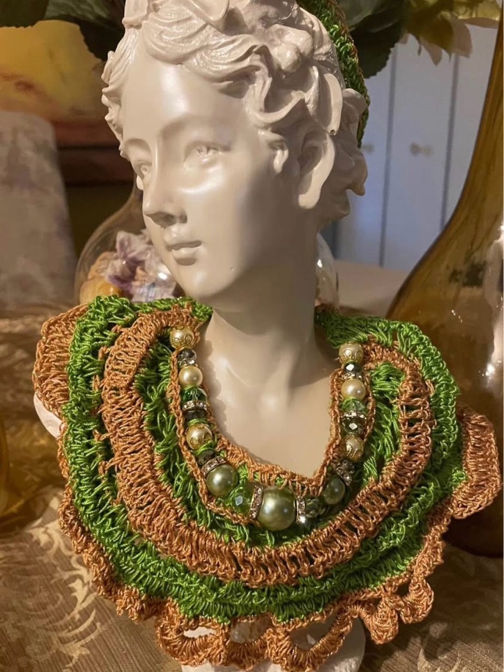Green and Gold Crochet Bib Necklace with Beaded Accents